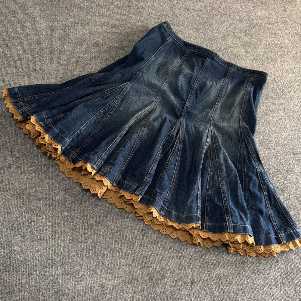 Kikit Jeans Paneled Denim Midi Skirt Tan Eyelet Lace Trim Size 14 y2k